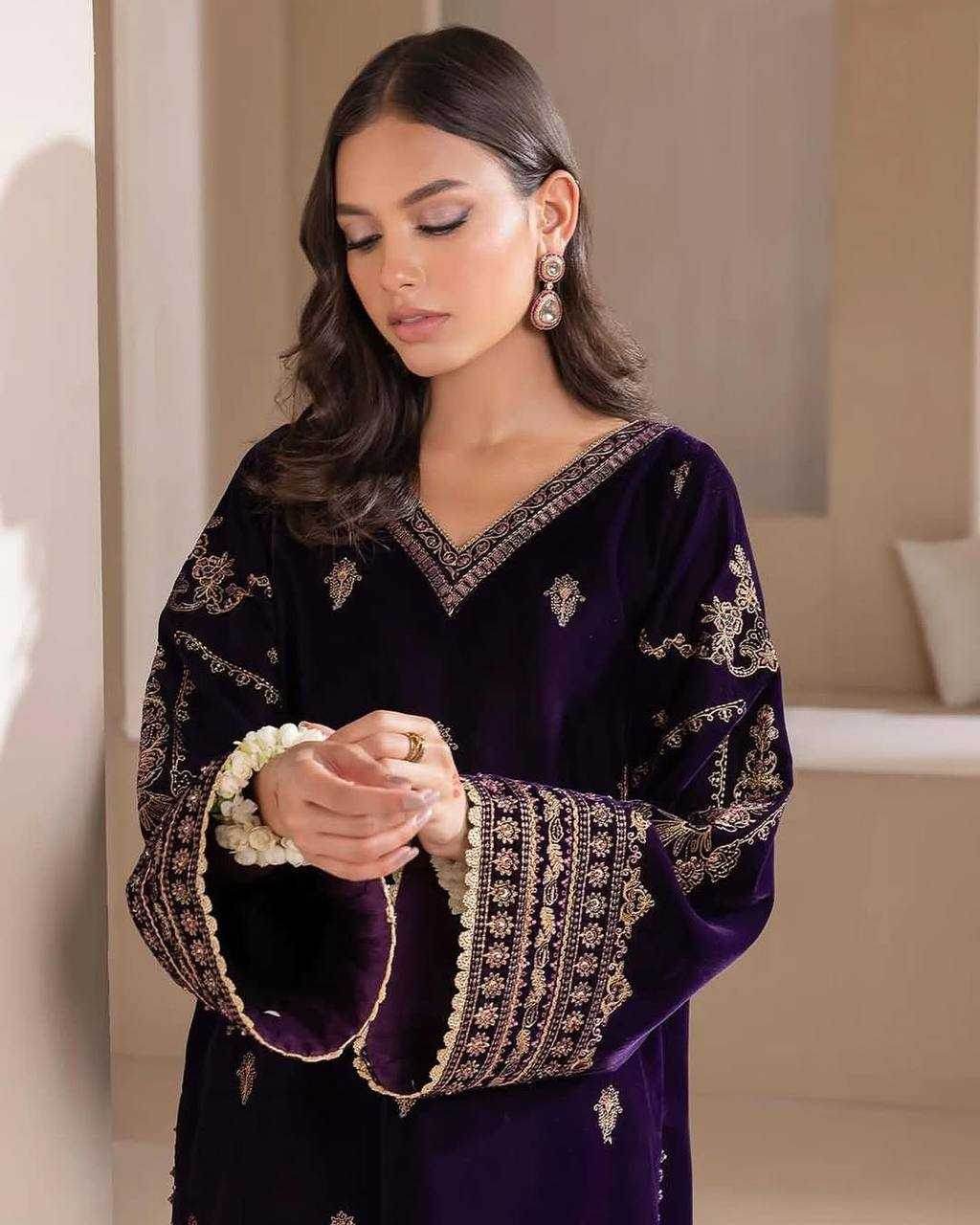 BLUE EMBROIDERED PARTY WEAR VELVET SUIT - MYLUXURY LANE ENTERPRISE